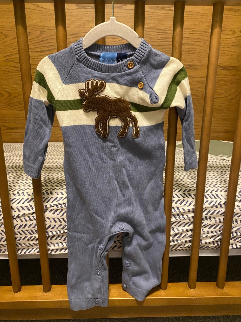 Good Lad Blue, White & Green Moose Knit Footie
